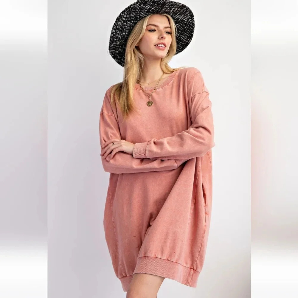 New Easel Mineral Washed Cotton Knit Long Sleeve Pullover Dress